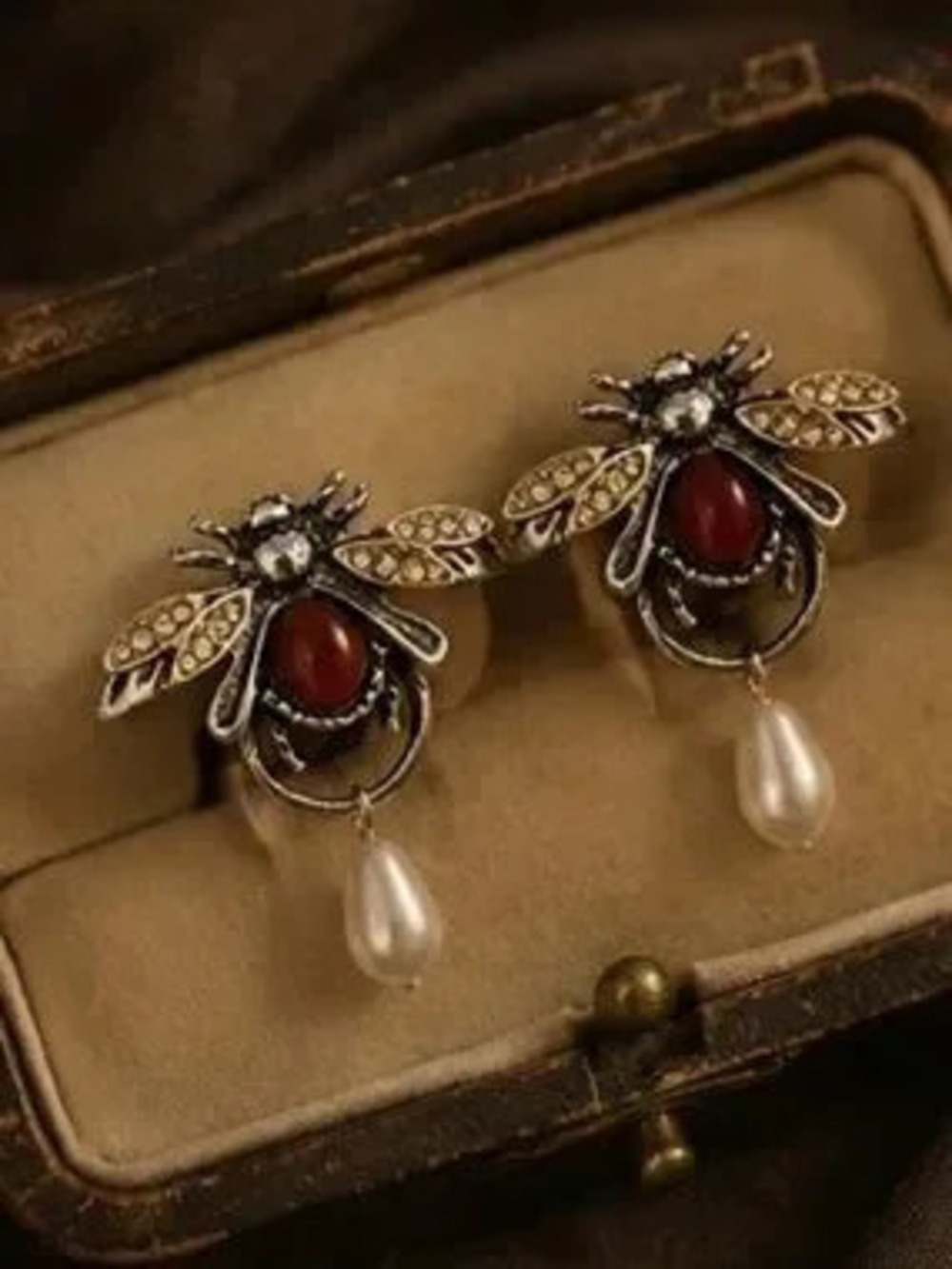 Vintage Crimson Bee Pearl Drop Earrings